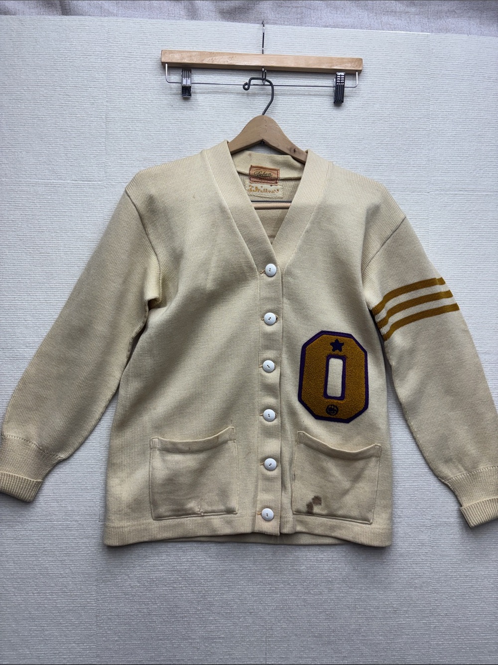 Vintage 50’-60’ Dehen wool Cream Varsity Button-Front Cardigan with Gold Stripe